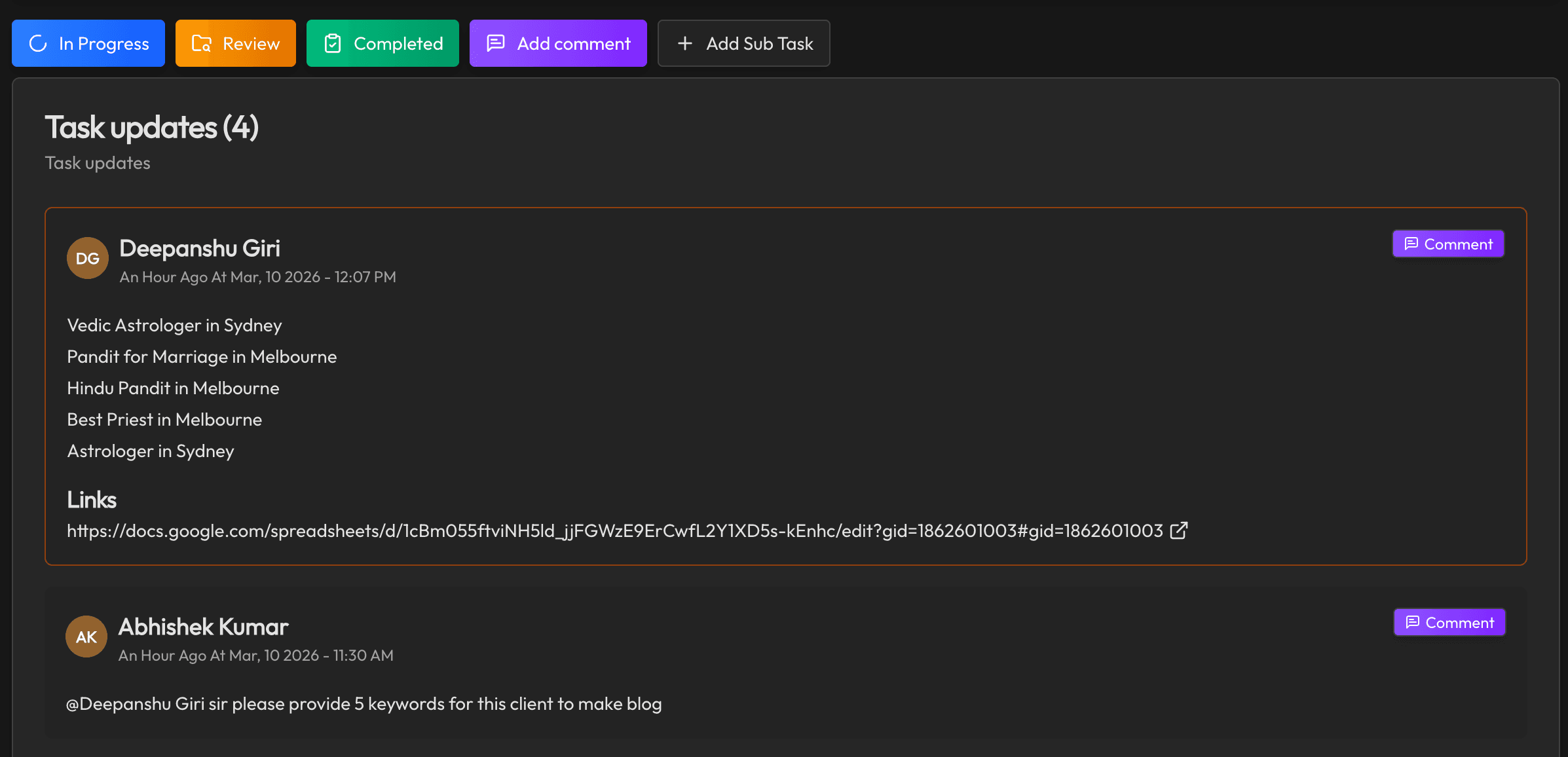 Task Updates & Team Communication
